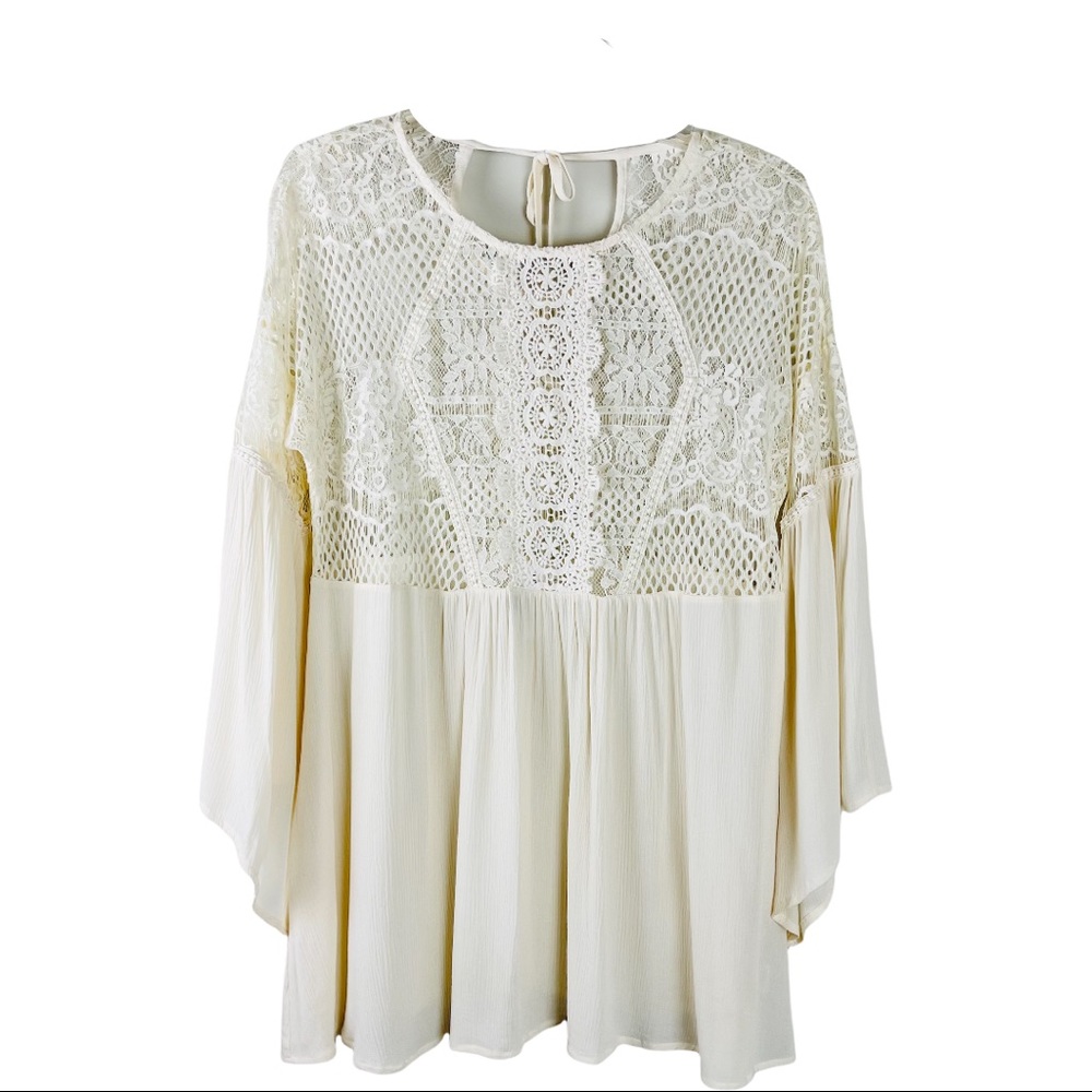Society Girl cream boho lace floral bell sleeve festival romantic top - size XL